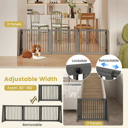 Adjustable 3-Panel Wood Pet Gate - Foldable Dog Fence