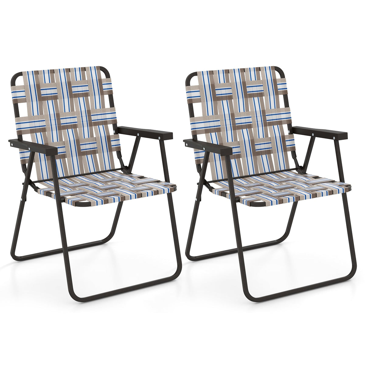 GemGear 2-piece folding beach chair set with beige-blue striped webbing and black frames on Tampa Home & Garden Store