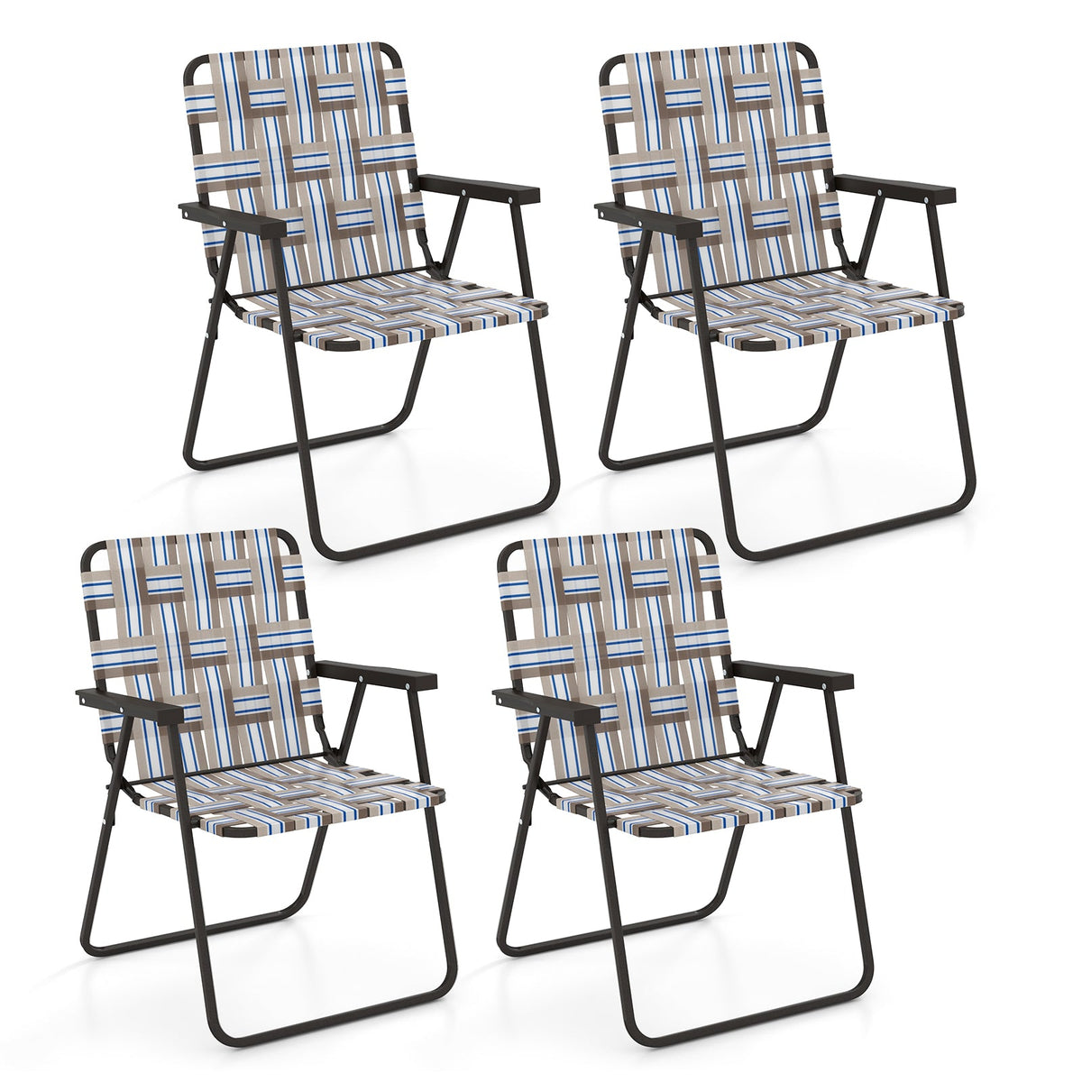 GemGear folding beach chair with blue tan gray striped webbing and dark metal frame; six chairs on Tampa Home & Garden Store