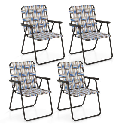 GemGear folding beach chair with blue tan gray striped webbing and dark metal frame; six chairs on Tampa Home & Garden Store