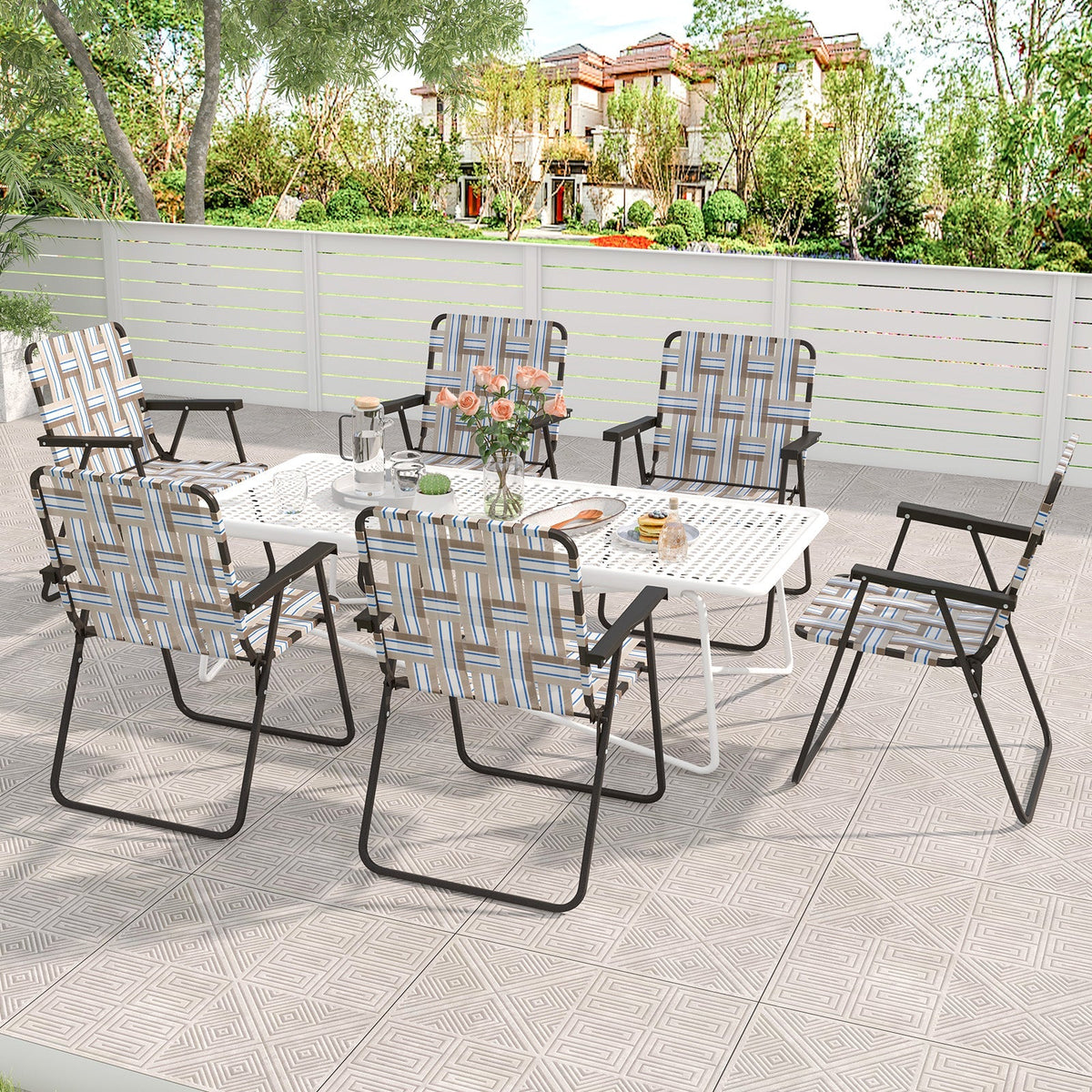 GemGear 2-piece folding beach chairs with blue striped webbing around a white perforated table on Tampa Home & Garden Store