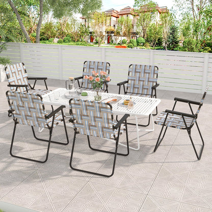 GemGear 2-piece folding beach chairs with blue striped webbing around a white perforated table on Tampa Home & Garden Store