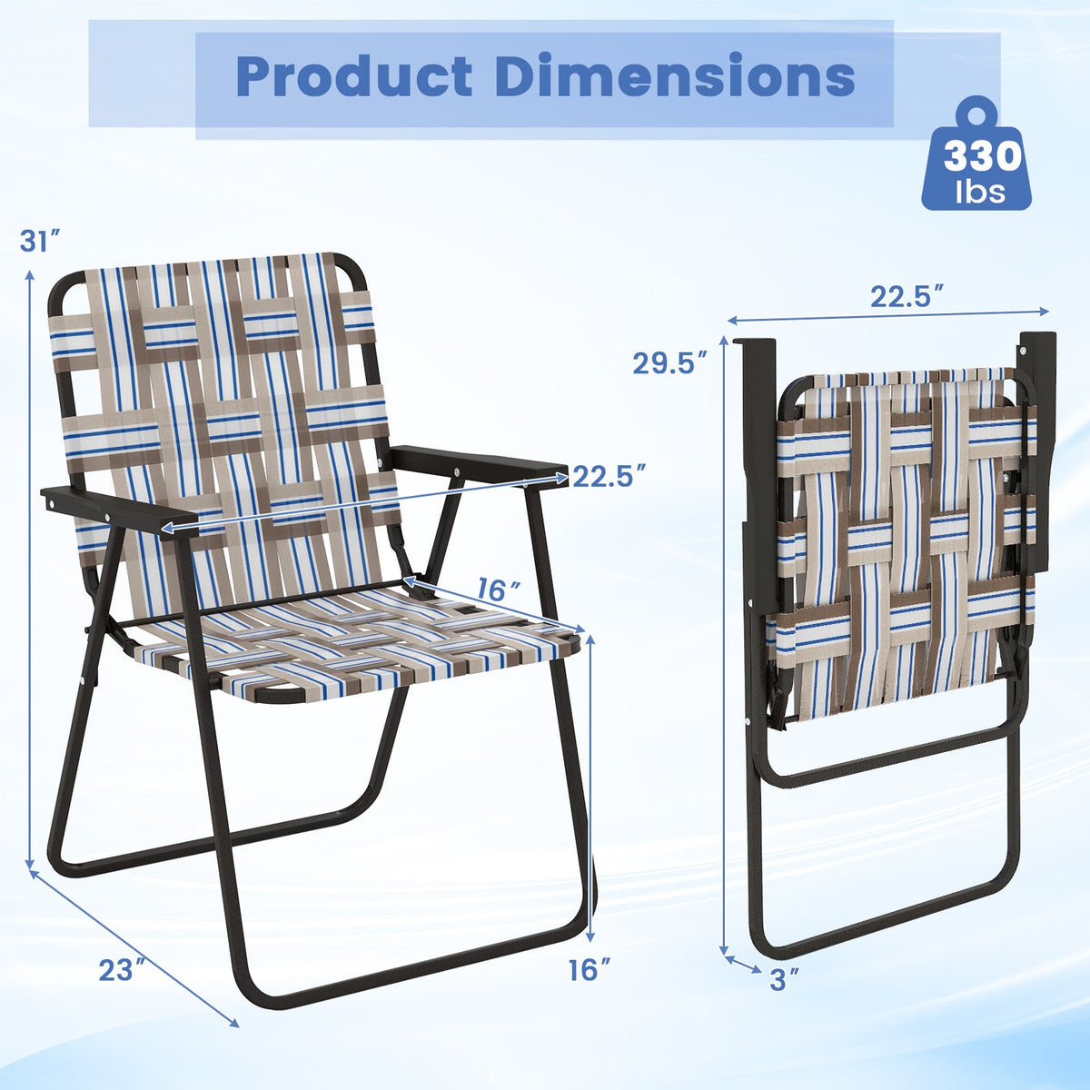 GemGear 2-piece folding beach chairs with webbing, black frames, one open and one folded on Tampa Home & Garden Store