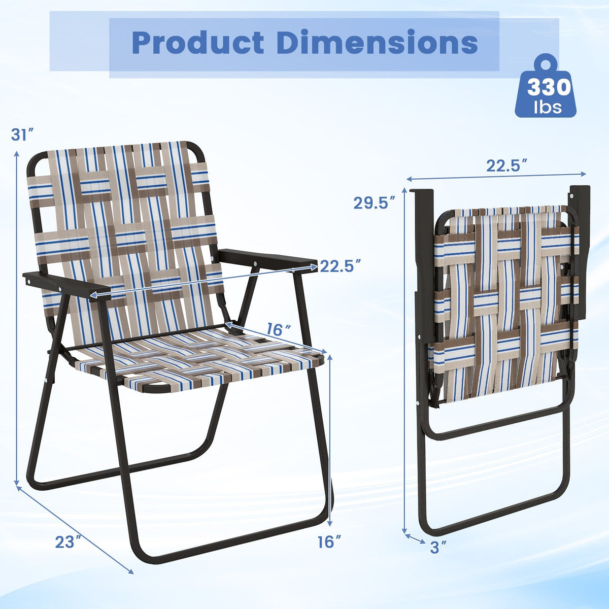 2-piece GemGear folding beach chairs with striped brown beige blue webbing on Tampa Home & Garden Store