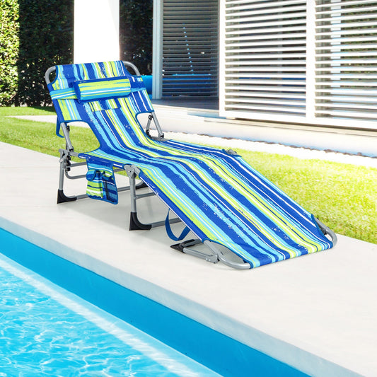 Folding Beach Lounge Chair with Pillow for Outdoor-Blue & Green - Tampa Home & Garden Store