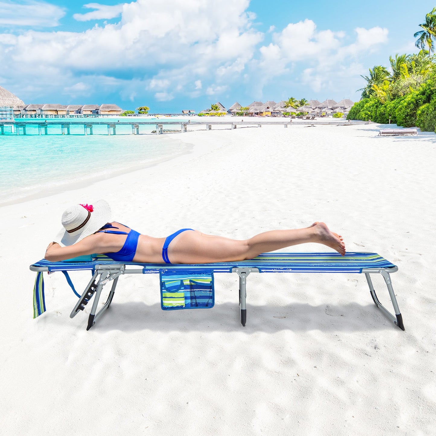 Tumbona Plegable de Playa con Almohada para Exteriores - Azul y Verde