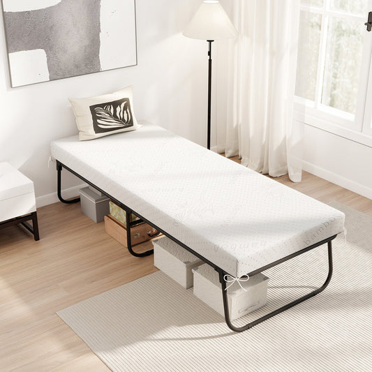 GemGear folding bed 75 x 31 inch with memory foam mattress, black metal frame in bright bedroom on Tampa Home & Garden Store