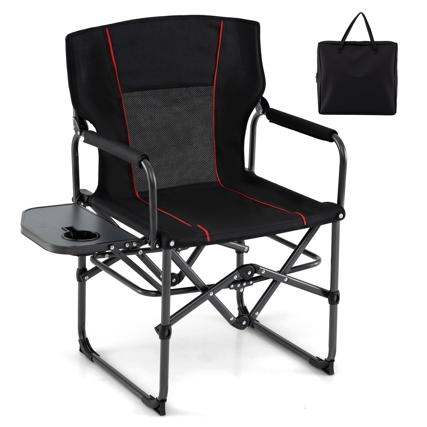GemGear folding camping chair with side table, cup holder, carrying bag, black mesh back on Tampa Home & Garden Store