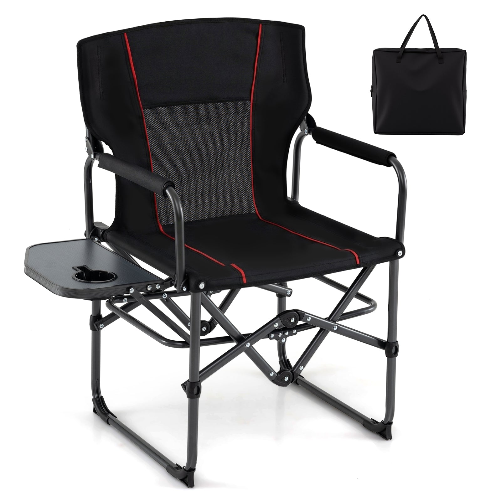 GemGear folding camping chair with side table, cup holder, carrying bag, black mesh back on Tampa Home & Garden Store