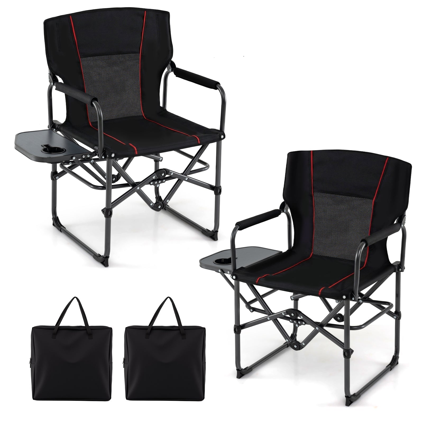GemGear folding camping chair with side table and cup holder, black with red piping, two chairs on Tampa Home & Garden Store