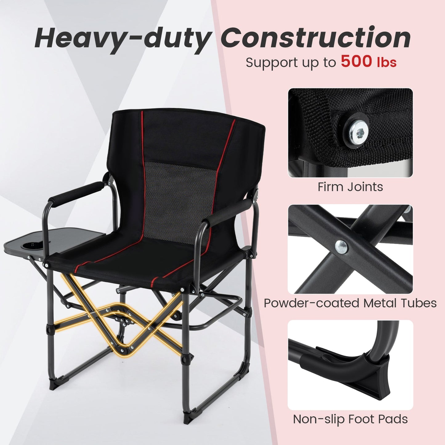 GemGear folding camping chair with side table and cup holder, black with red piping on Tampa Home & Garden Store