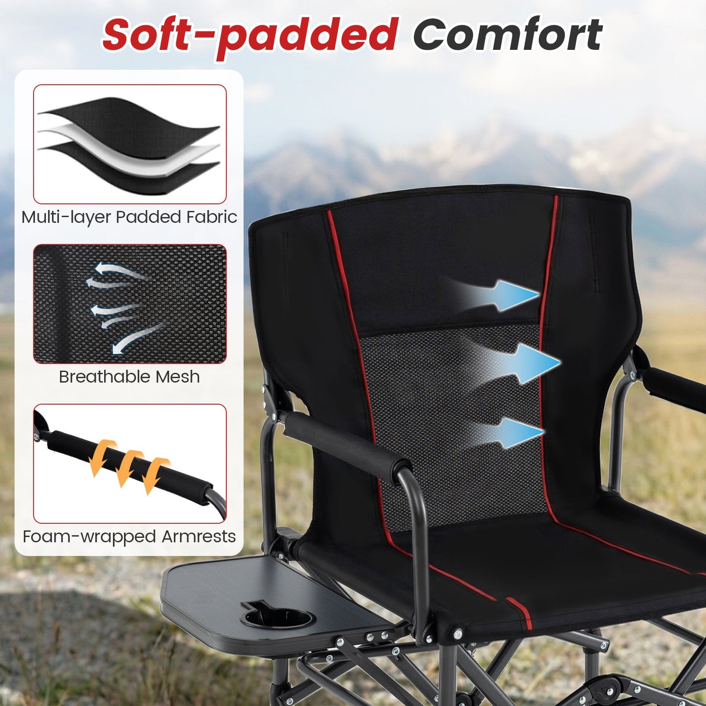 GemGear folding camping chair with side table and cup holder in black with red piping on Tampa Home & Garden Store