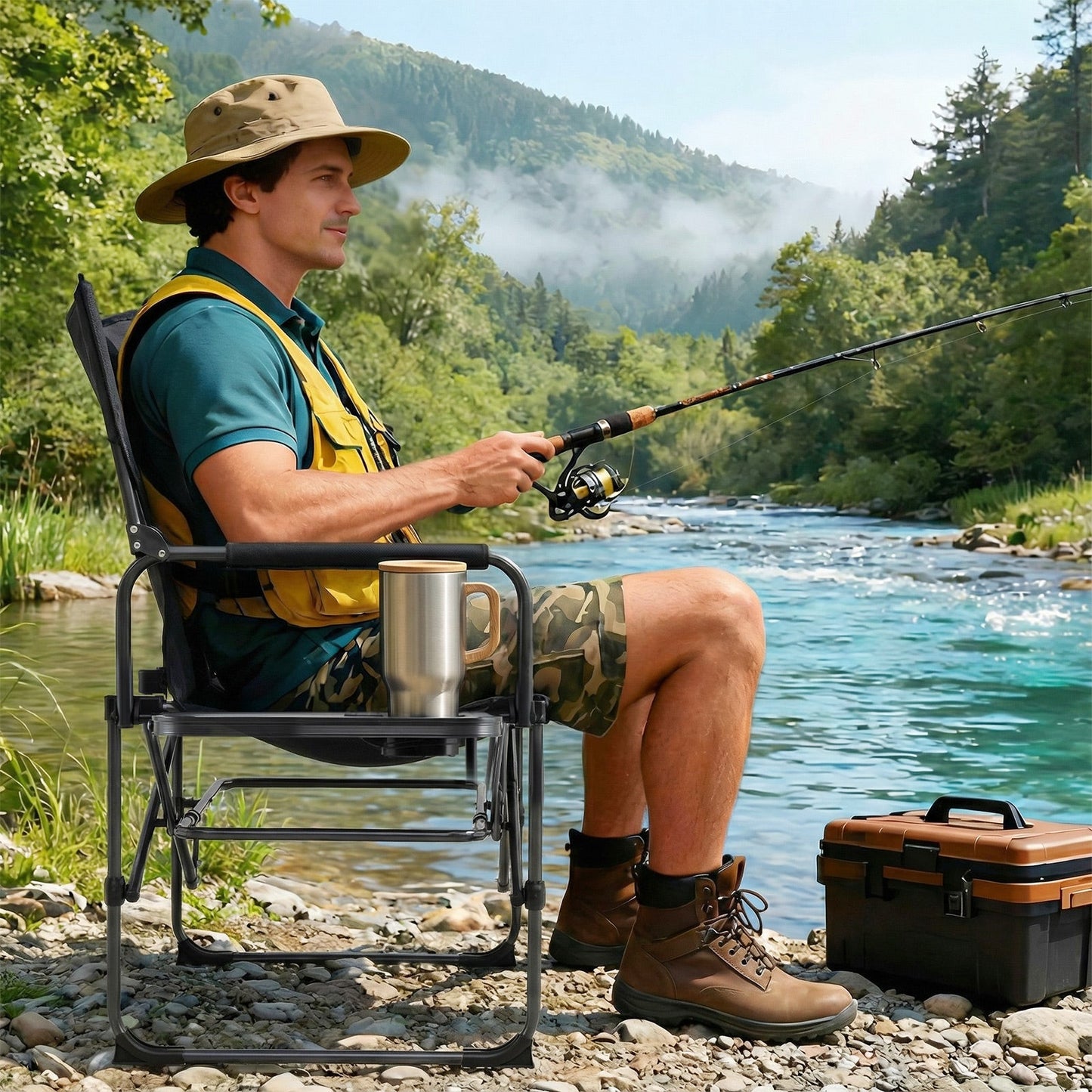 GemGear folding camping chair with cup holder, black frame beside a river fishing scene on Tampa Home & Garden Store