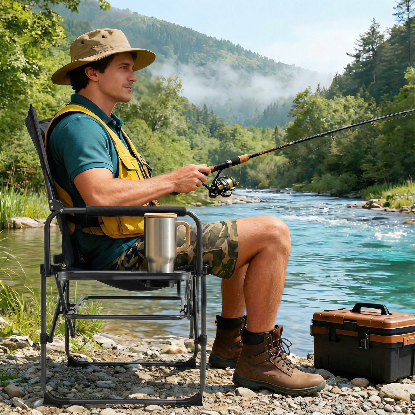 GemGear folding camping chair with cup holder, black frame beside a river fishing scene on Tampa Home & Garden Store