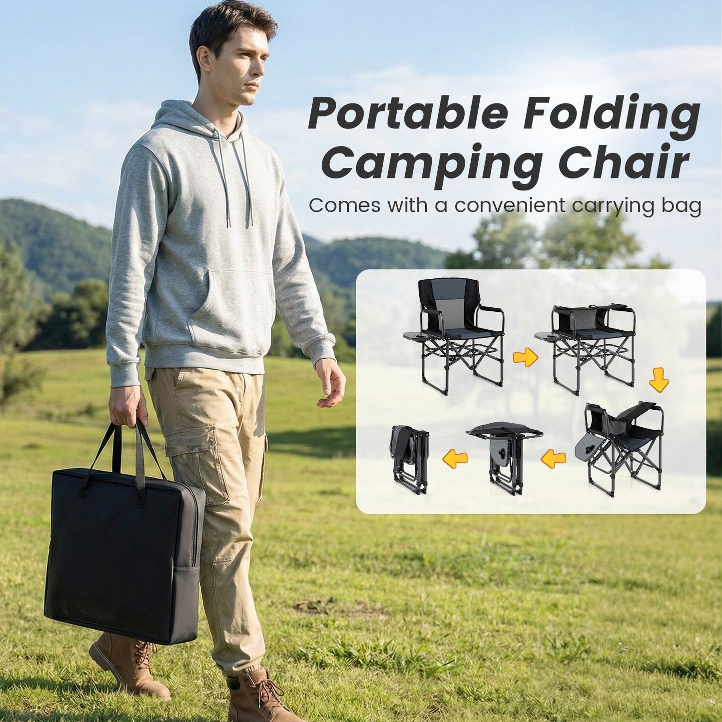 GemGear folding camping chair with side table and cup holder carrying bag two black chairs on Tampa Home & Garden Store