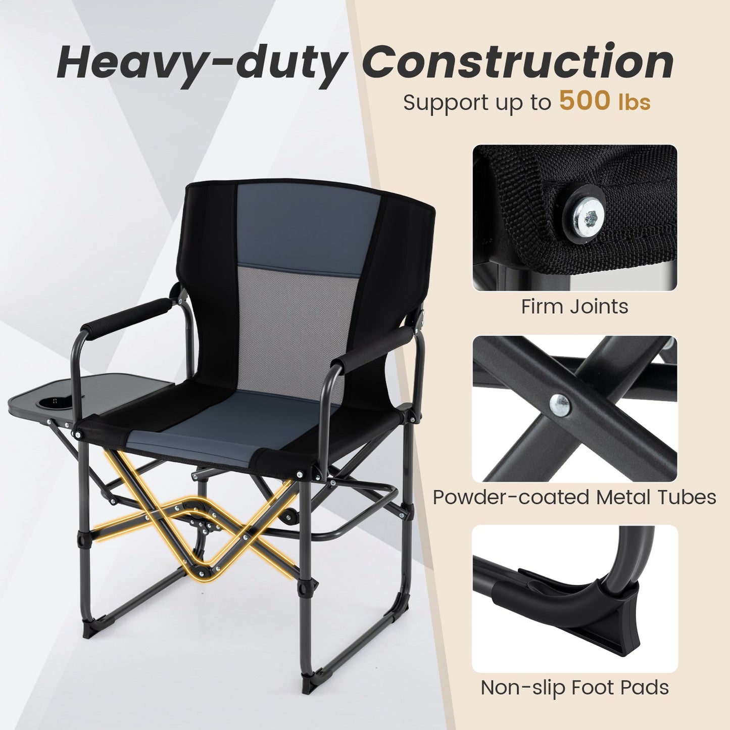 GemGear folding camping chair with side table and cup holder, powder-coated metal frame on Tampa Home & Garden Store