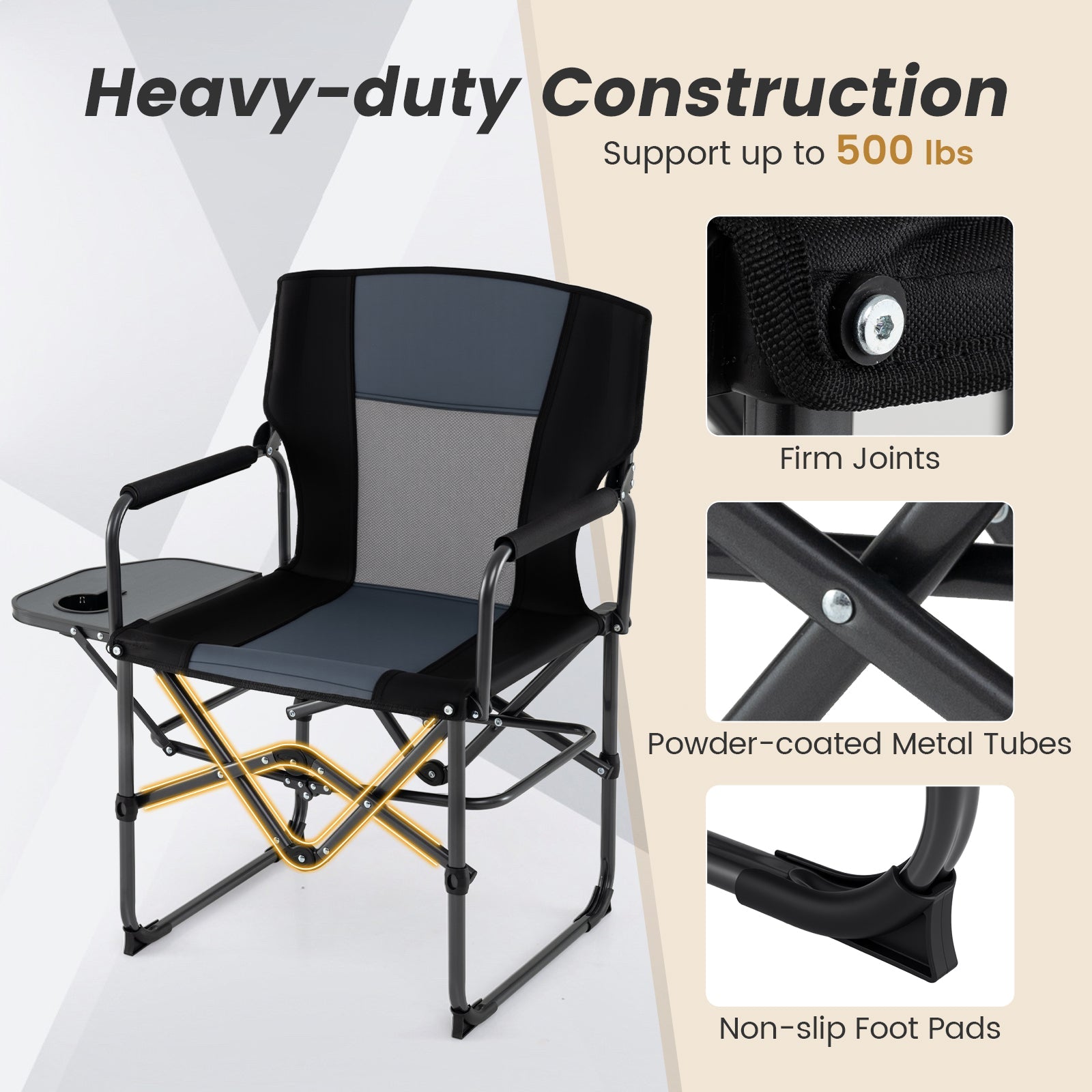 GemGear folding camping chair with side table and cup holder, powder-coated metal frame on Tampa Home & Garden Store