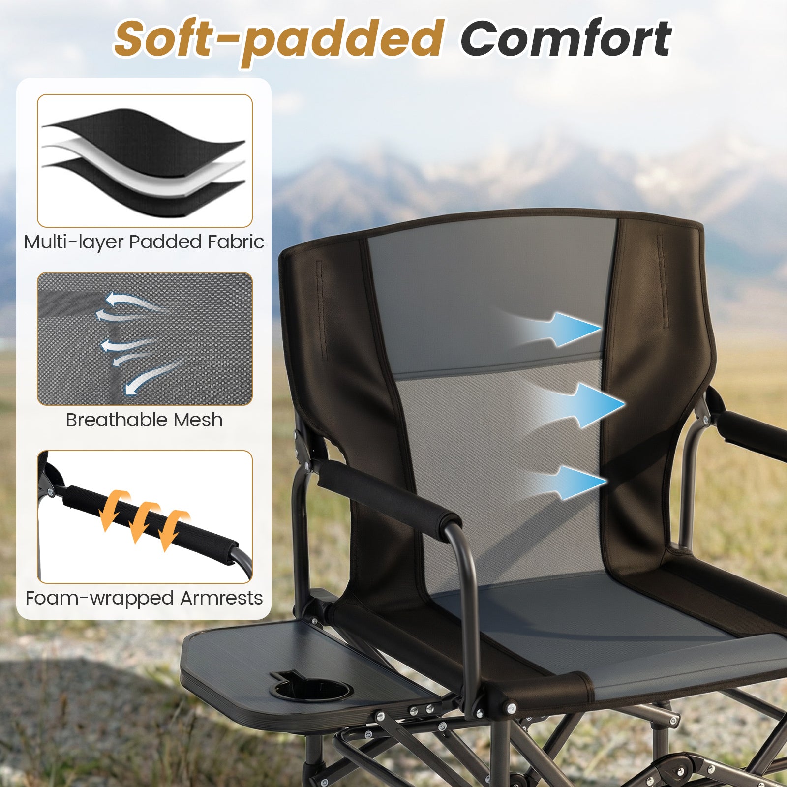 GemGear folding camping chair with side table and cup holder, black fabric and breathable mesh on Tampa Home & Garden Store