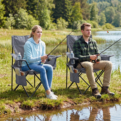 GemGear folding camping chair with mesh back gray fabric cup holder side pockets 2-seat lake on Tampa Home & Garden Store