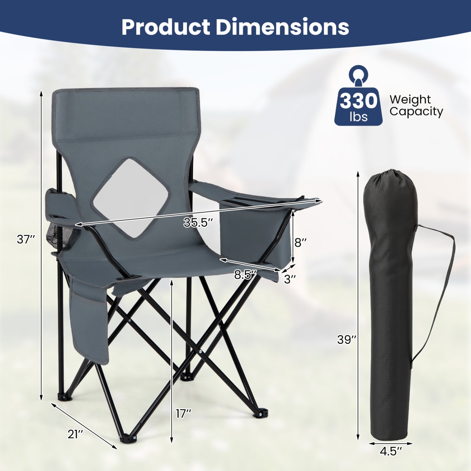Folding camping chair by GemGear with gray mesh-back and carrying bag, 330 lbs capacity on Tampa Home & Garden Store