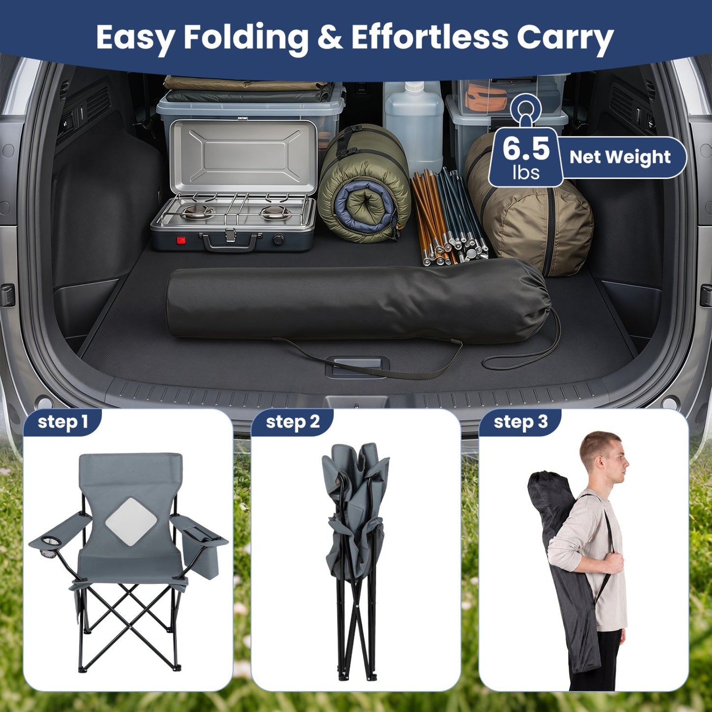 GemGear folding camping chair with mesh back and carrying bag in car trunk on Tampa Home & Garden Store