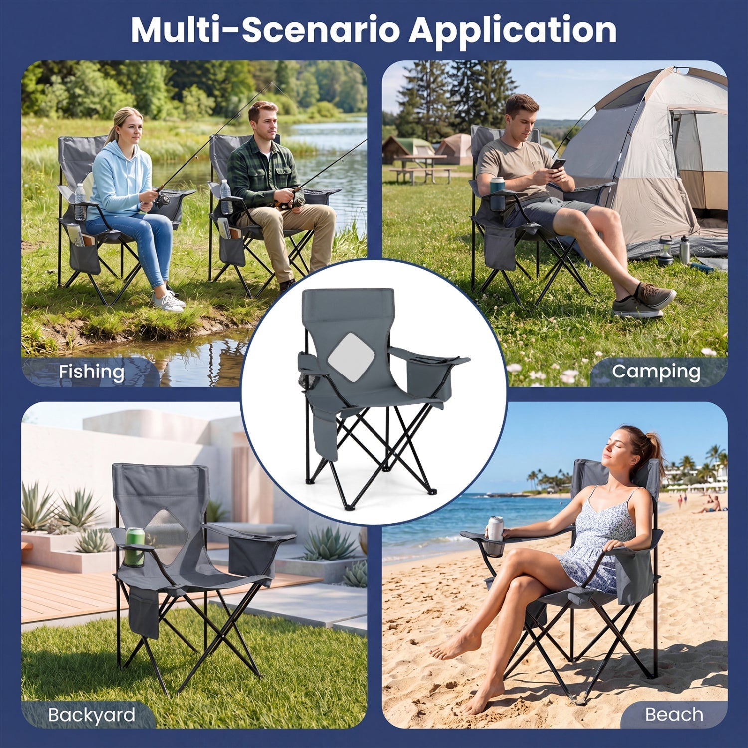 GemGear folding camping chair with mesh back in gray; includes carrying bag and cup holders on Tampa Home & Garden Store