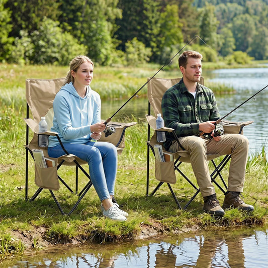 DirectDeals folding camping chair with mesh back and carrying bag in beige, pair by a lake on Tampa Home & Garden Store