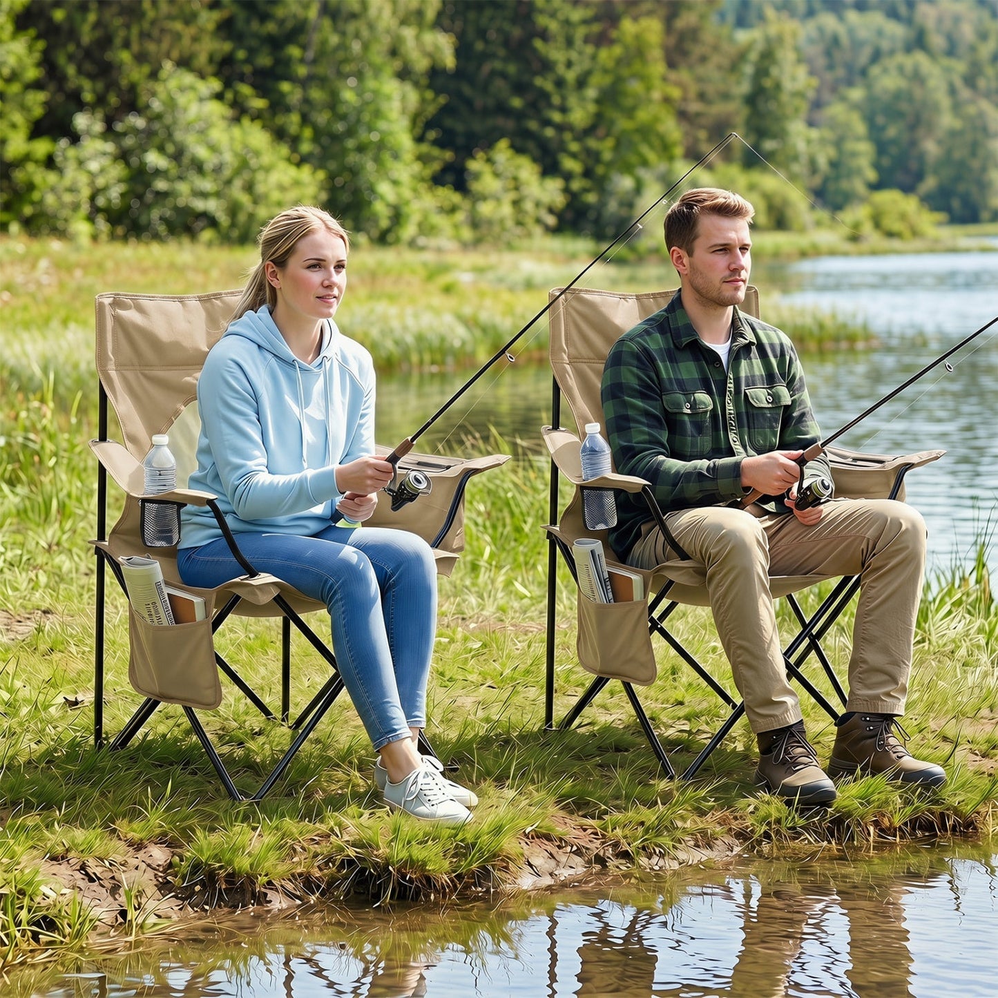 GemGear folding camping chair with mesh back in beige, two people fishing by a lake on Tampa Home & Garden Store
