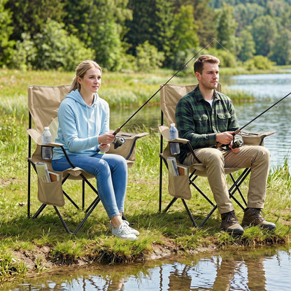 GemGear folding camping chair with mesh back in beige, two people fishing by a lake on Tampa Home & Garden Store