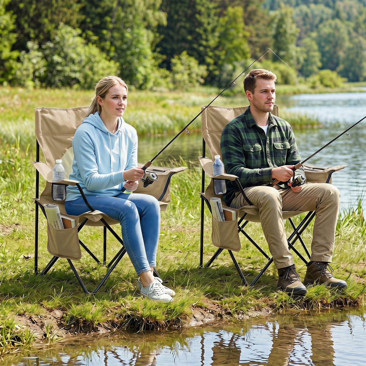 GemGear folding camping chairs with mesh back, fabric, two chairs with carry bags by a lake on Tampa Home & Garden Store