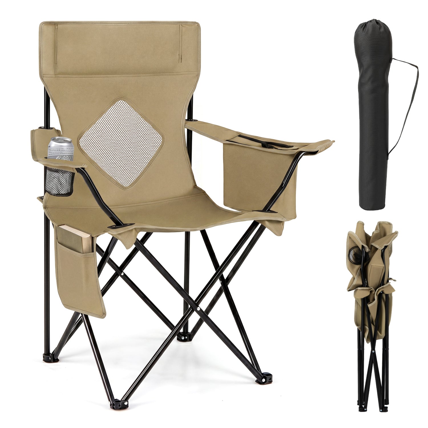 GemGear folding camping chair beige fabric with mesh back and cup holder carrying bag on Tampa Home & Garden Store
