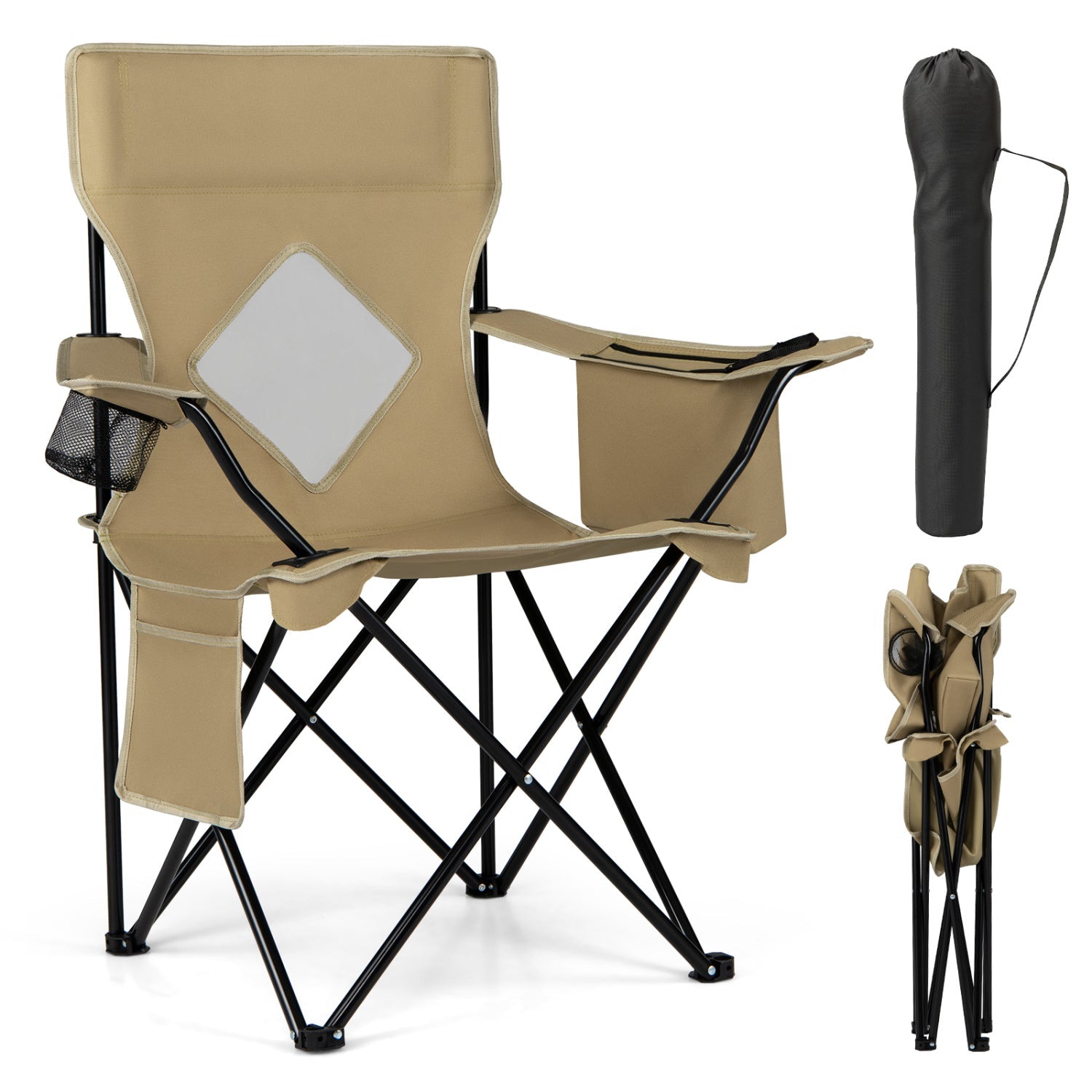 GemGear folding camping chair with tan fabric, mesh back, side pocket, and included carry bag on Tampa Home & Garden Store