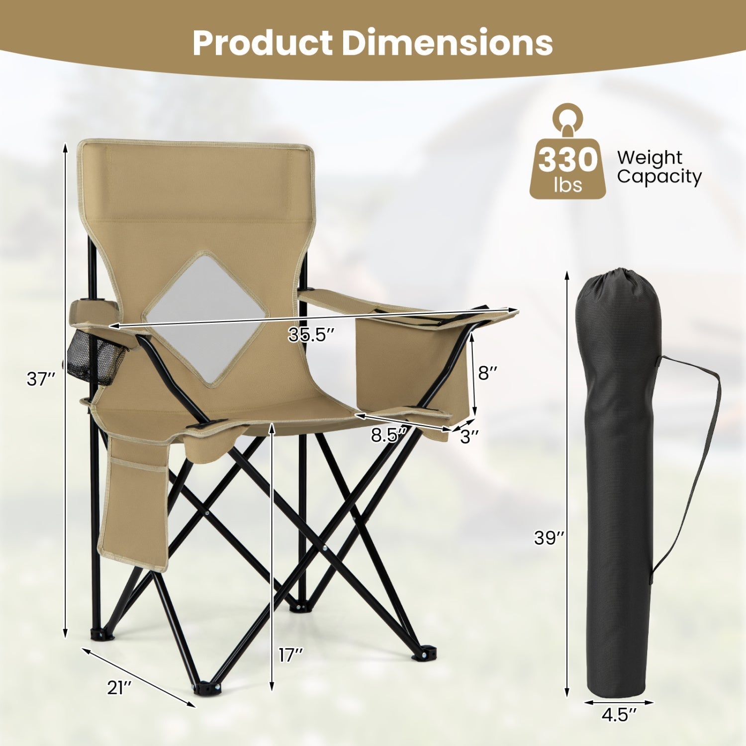 Folding camping chair GemGear with tan fabric and mesh back, includes carrying bag on Tampa Home & Garden Store