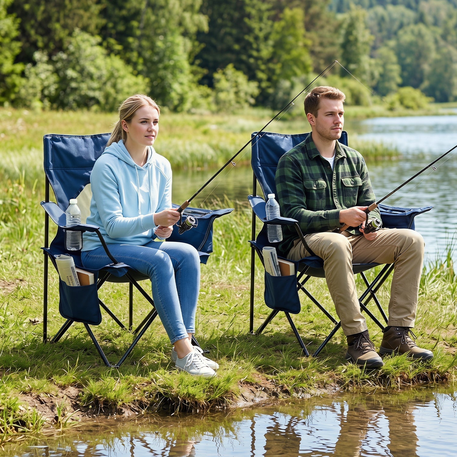 Two folding camping chairs GemGear with blue mesh back, carrying bag by a lake on Tampa Home & Garden Store