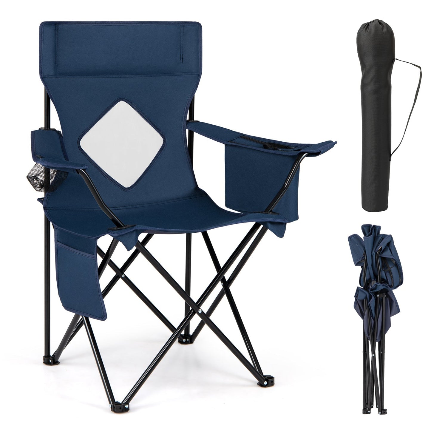 GemGear folding camping chair with navy blue mesh back and carrying bag on Tampa Home & Garden Store