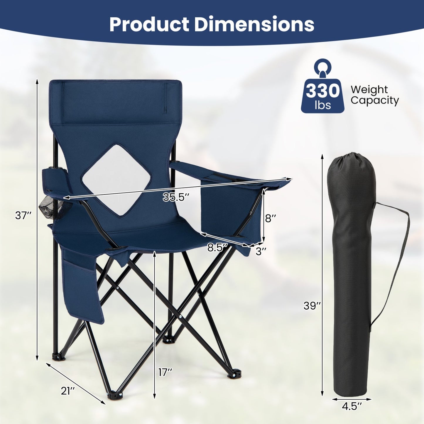 Folding Camping Chair GemGear with Mesh Back navy blue carrying bag 330 lbs on Tampa Home & Garden Store