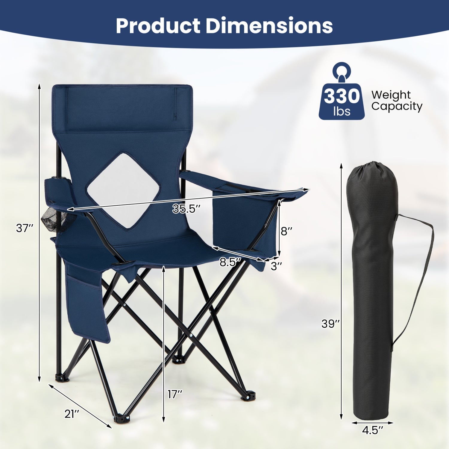 Folding Camping Chair GemGear with Mesh Back navy blue carrying bag 330 lbs on Tampa Home & Garden Store