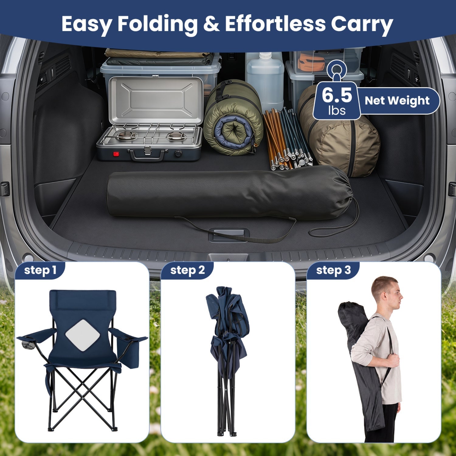 GemGear folding camping chair with mesh back carrying bag in car trunk with camping gear on Tampa Home & Garden Store