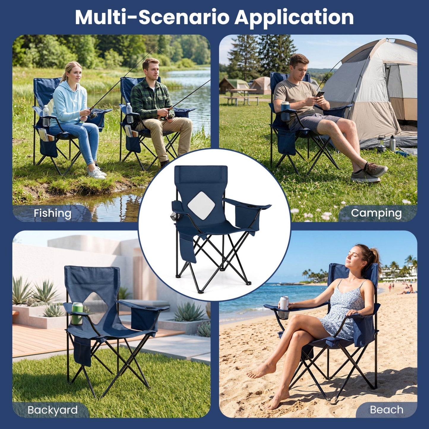 Folding camping chair GemGear with blue mesh back and carrying bag, portable outdoor seating on Tampa Home & Garden Store