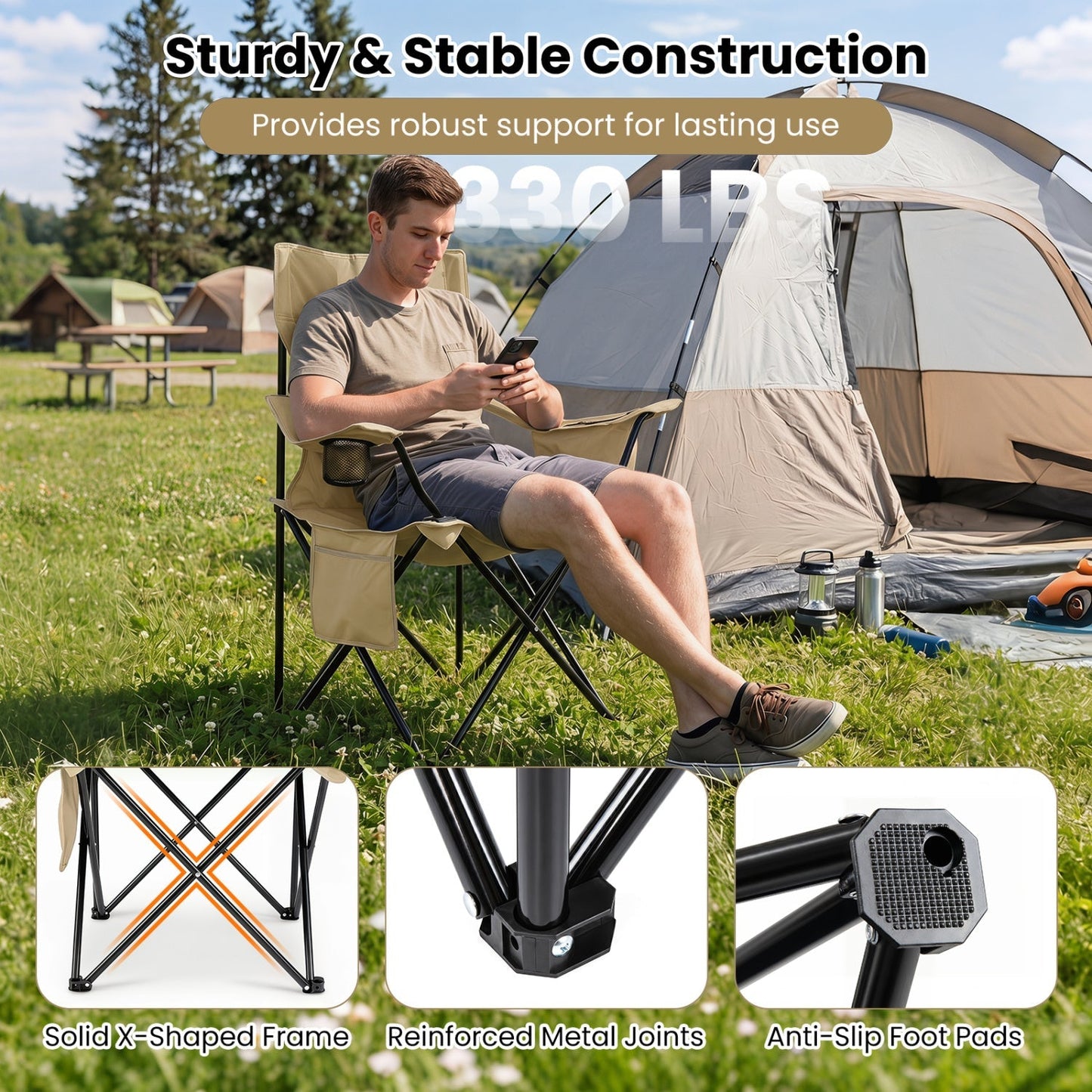 Folding camping chair with mesh back in tan, carrying bag and cup holder on Tampa Home & Garden Store