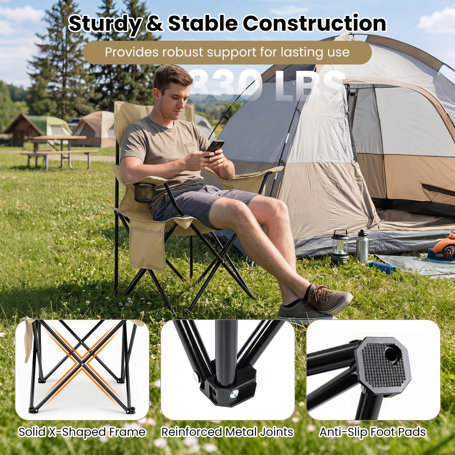 Folding camping chair with mesh back in tan, carrying bag and cup holder on Tampa Home & Garden Store