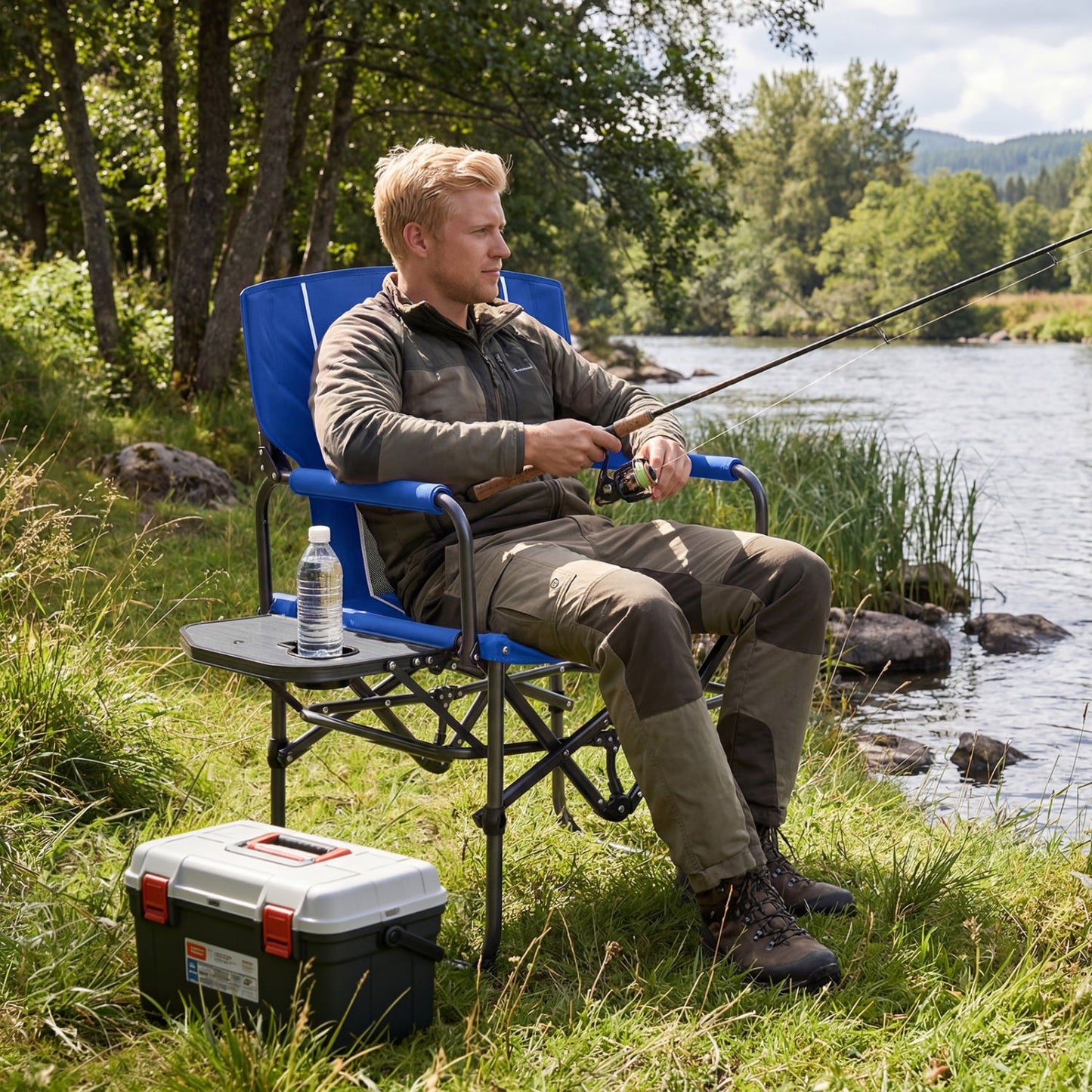 Folding Camping Chair with Side Table and Cup Holder in blue, man fishing beside a river on Tampa Home & Garden Store