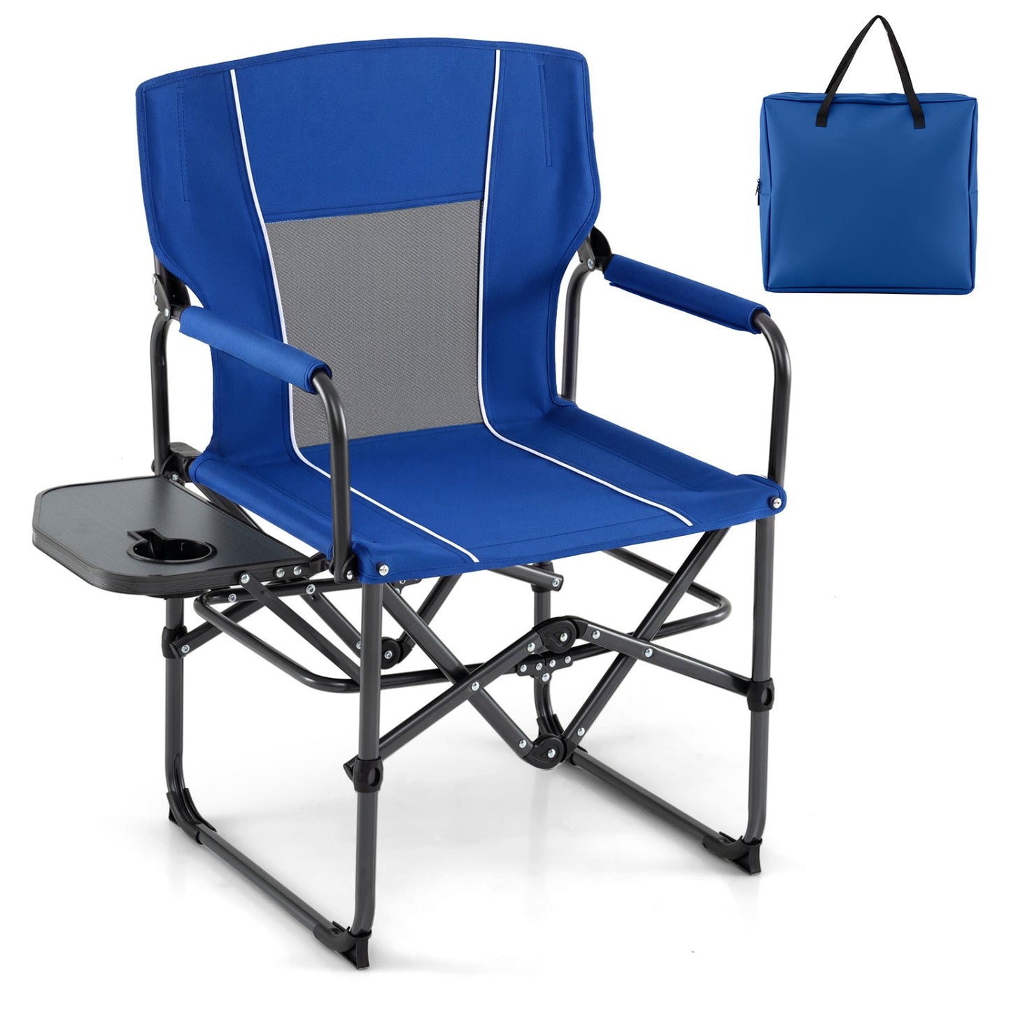 Folding camping chair with side table and cup holder by DirectDeals, blue on Tampa Home & Garden Store