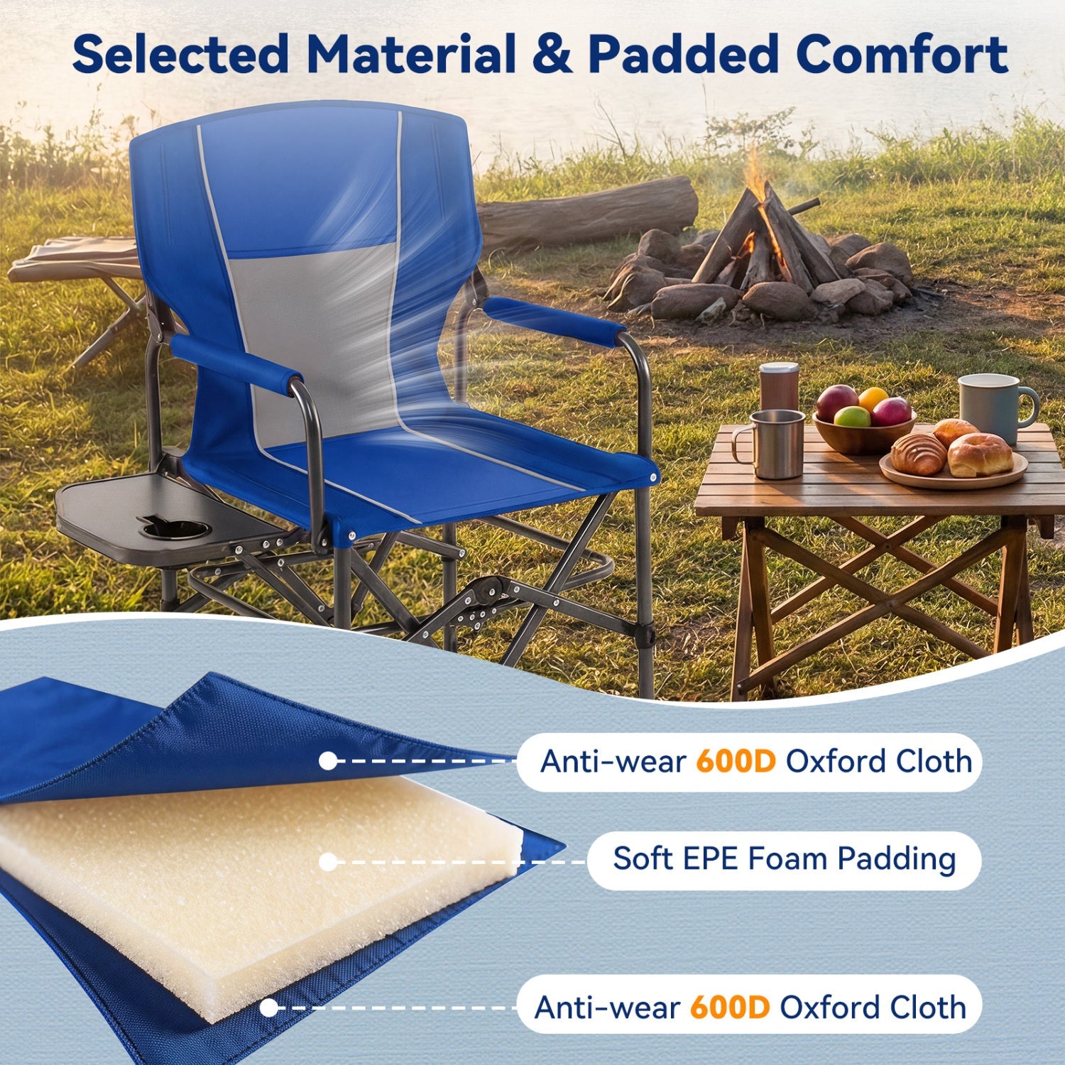 Folding camping chair DirectDeals with side table and cup holder, blue fabric, metal frame on Tampa Home & Garden Store