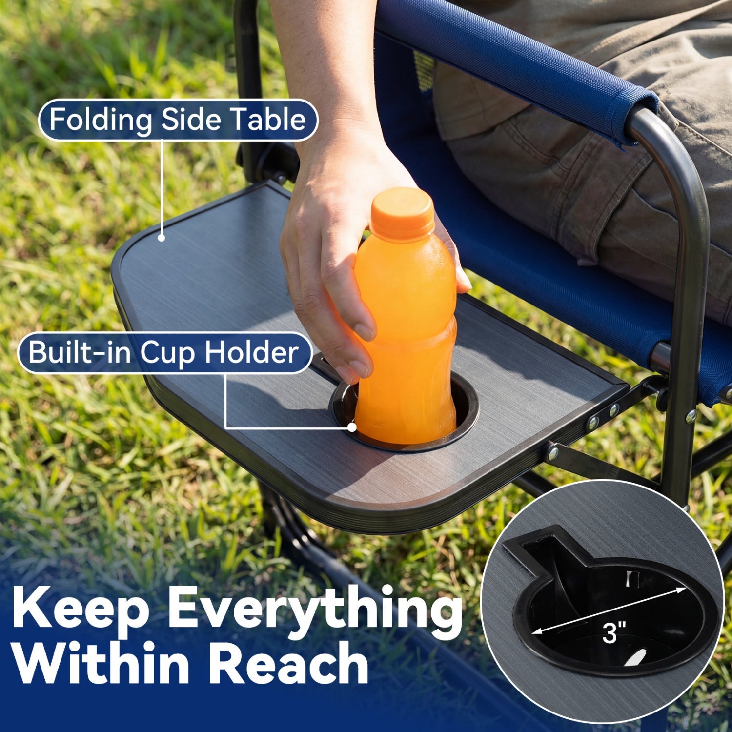 DirectDeals folding camping chair with blue fabric, side table and built-in cup holder on Tampa Home & Garden Store