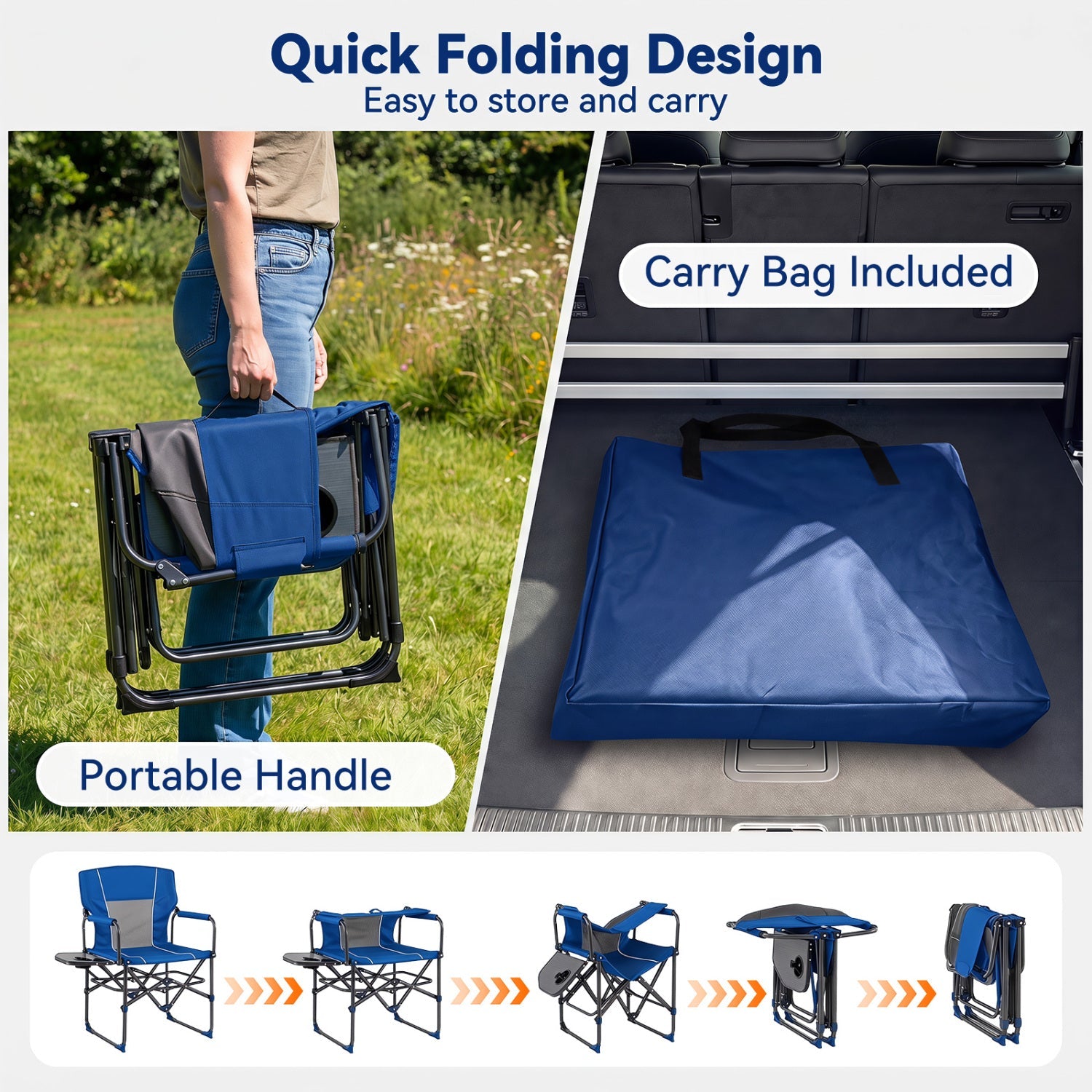 DirectDeals blue folding camping chair with side table and cup holder carry bag included on Tampa Home & Garden Store