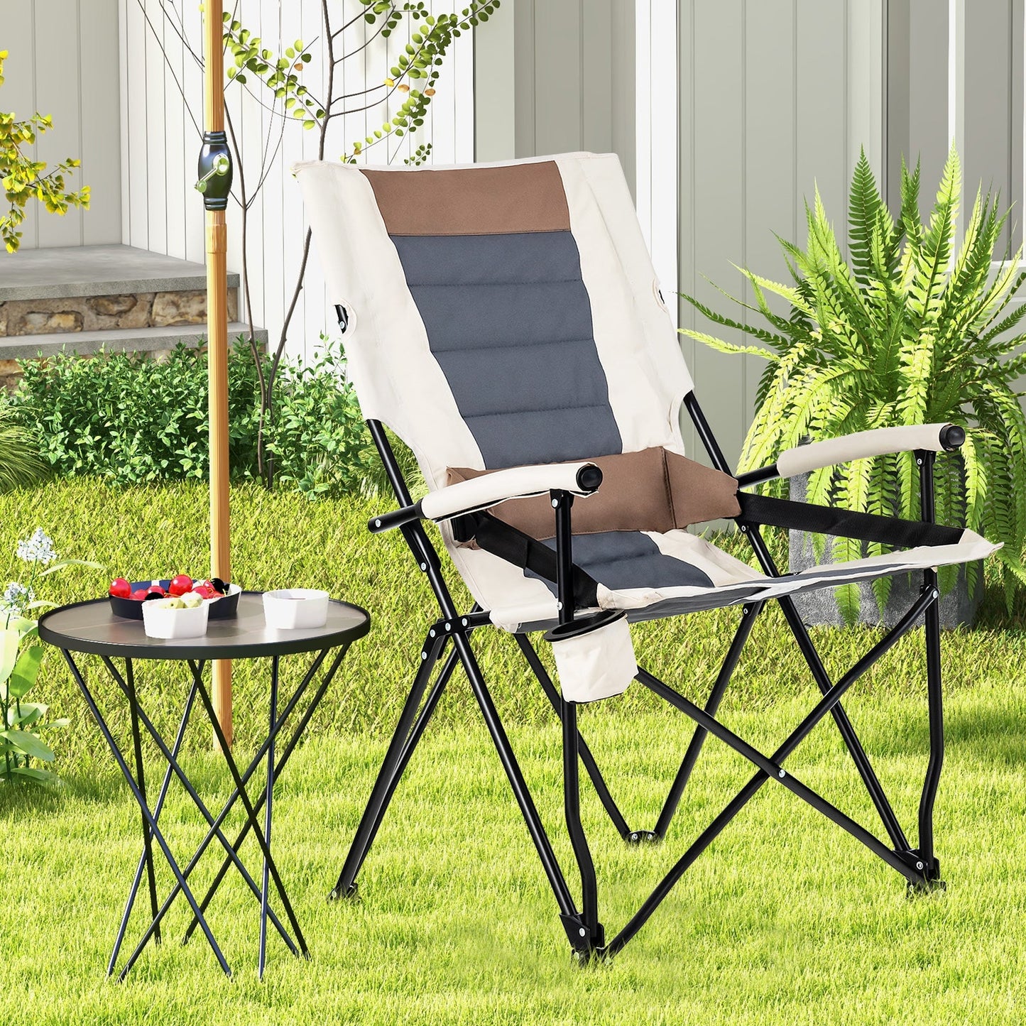GemGear Folding Camping Chair with Cup Holder Armrest and Lumbar Pillow in cream and gray on Tampa Home & Garden Store