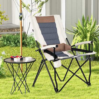 GemGear Folding Camping Chair with Cup Holder Armrest and Lumbar Pillow in cream and gray on Tampa Home & Garden Store