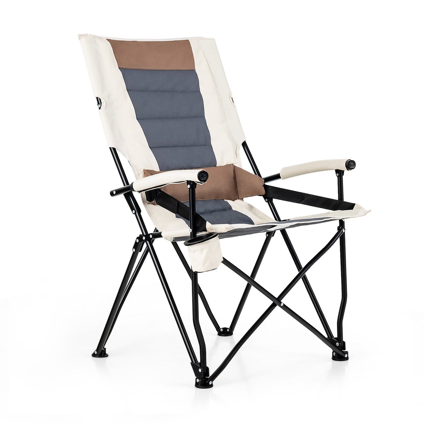 GemGear folding camping chair with cup holder armrest and lumbar pillow cream/blue-gray seat on Tampa Home & Garden Store