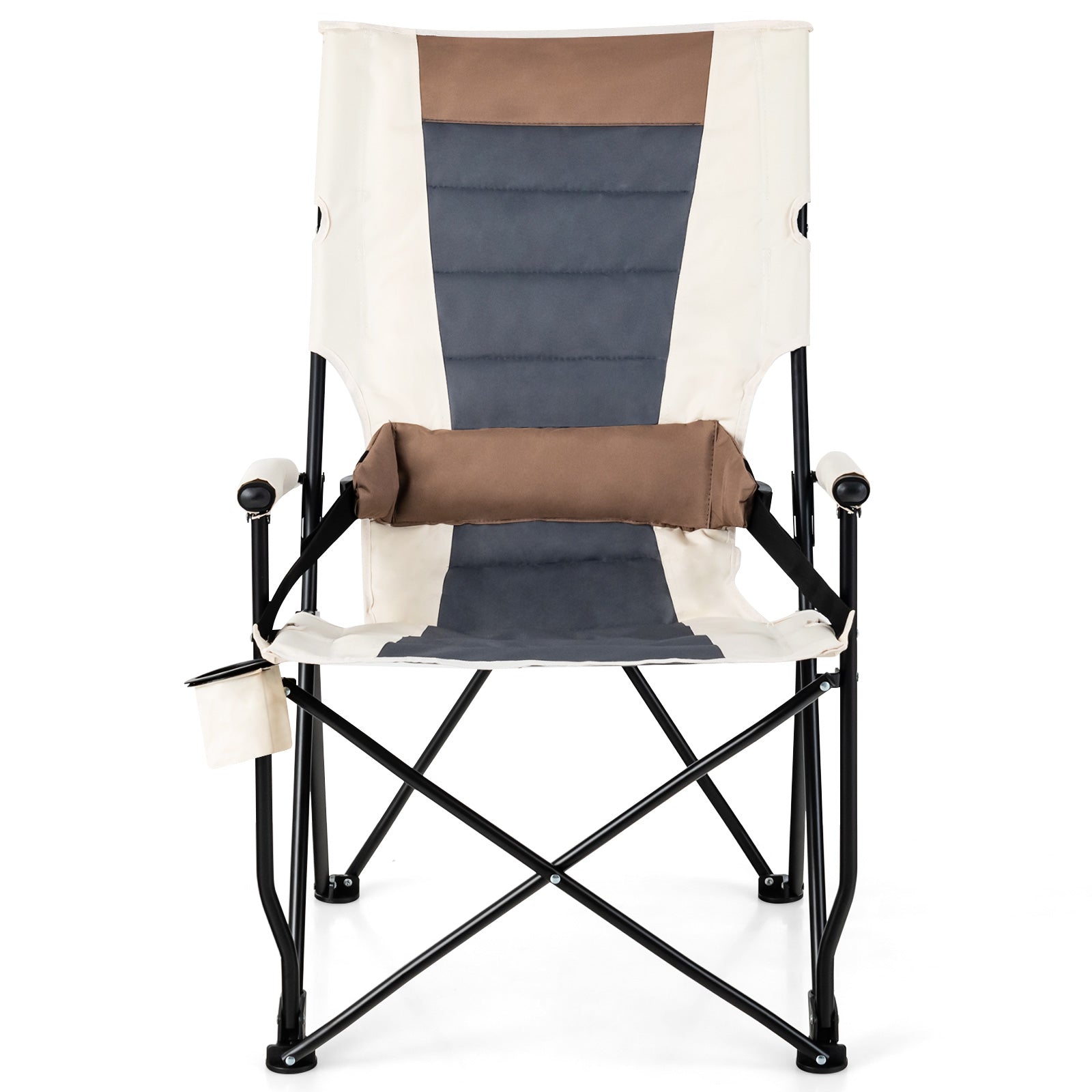 GemGear folding camping chair with cup holder armrests and lumbar pillow in cream and blue on Tampa Home & Garden Store